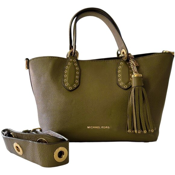 MICHAEL KORS Brooklyn Olive Pebble Leather Satchel with Crossing Body Strap - Picture 9 of 10